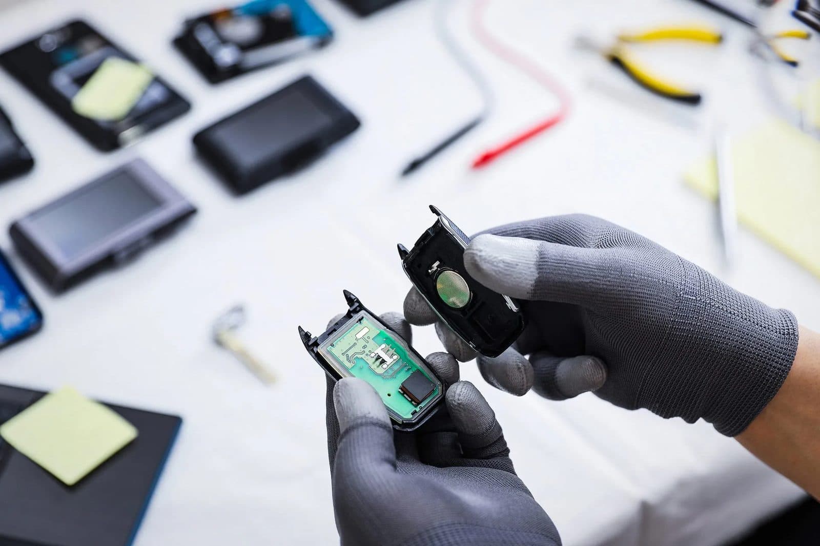 Gloved hands repairing a key fob circuit board