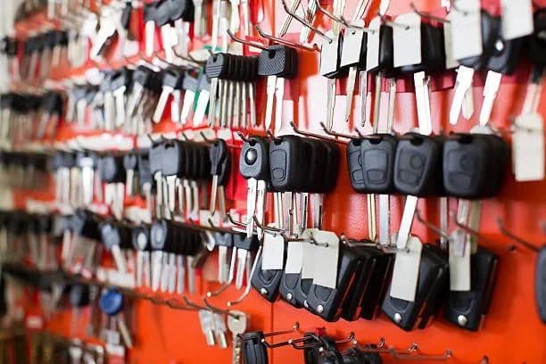 Wall of key blanks in a locksmith shop