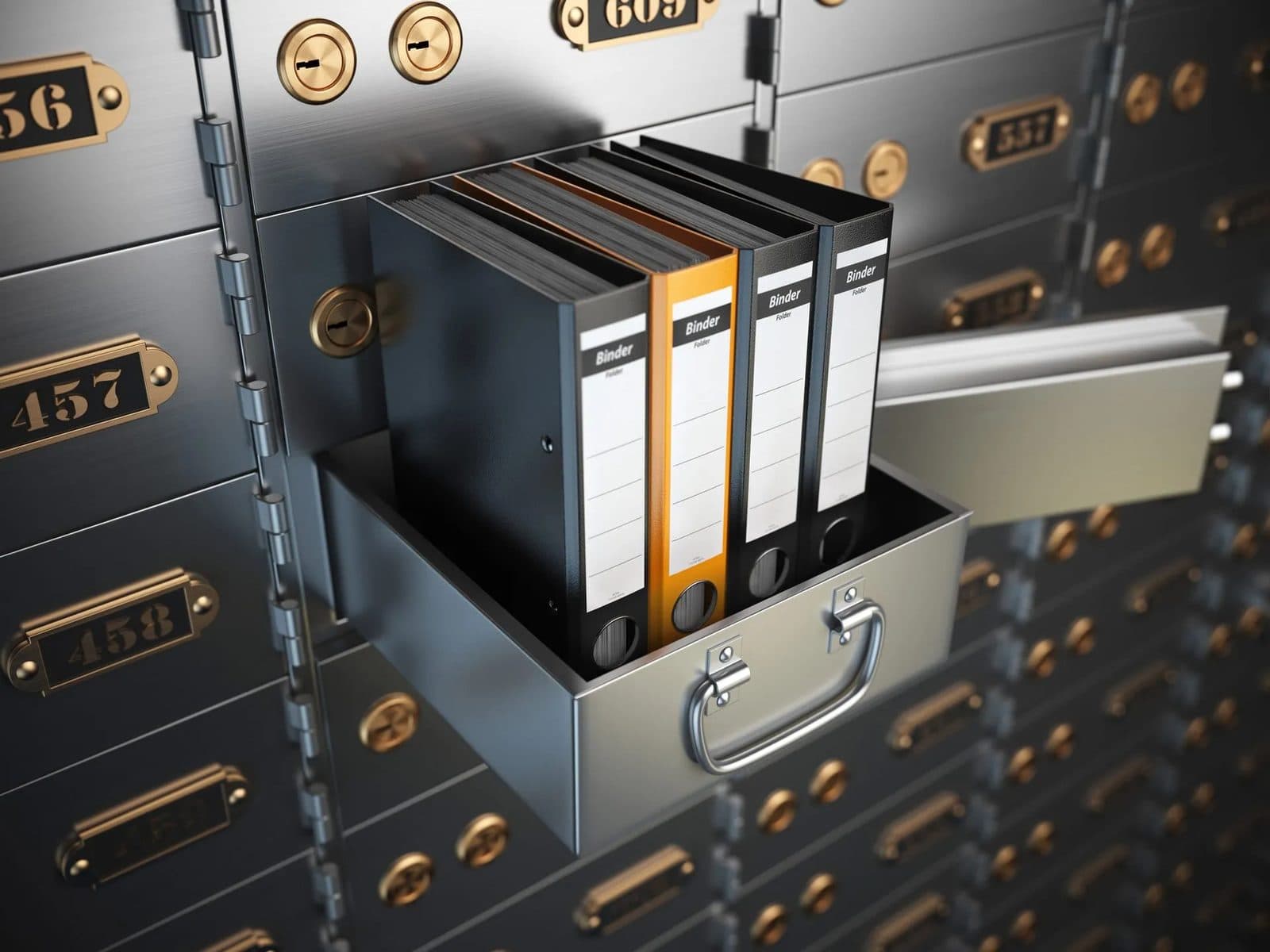 Open safe deposit box with document folders
