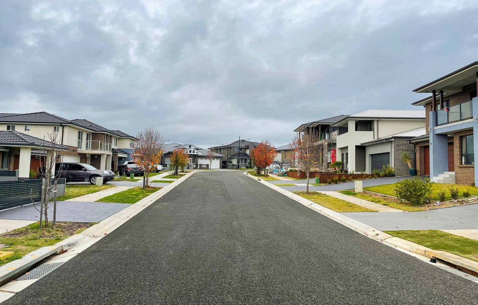 Wide suburban street on an overcast day